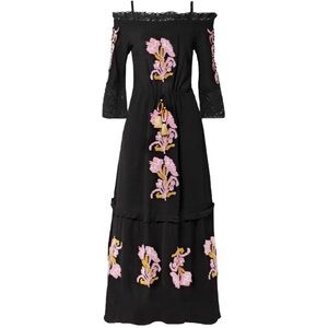 Never Worn, Black Maxi Figue dress with embroidering and tassel ties. Size Small